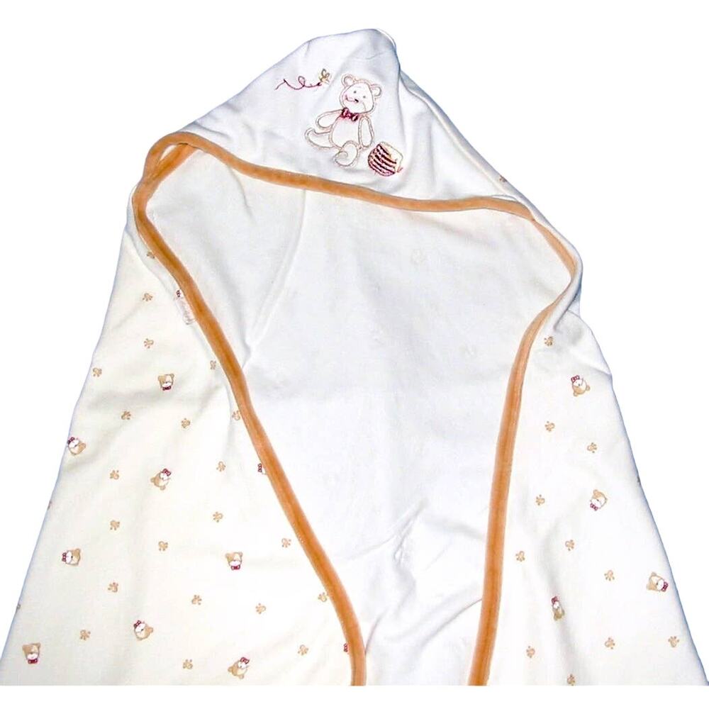 Le Top Infant Hooded Bath Blanket White Tan Teddy Bear 19x19 inches Cotton